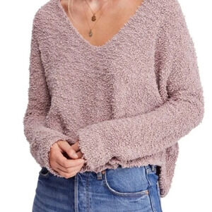 Free People Cropped Popcorn Pullover Boxy V Neck Sweater Lavender Mauve Medium